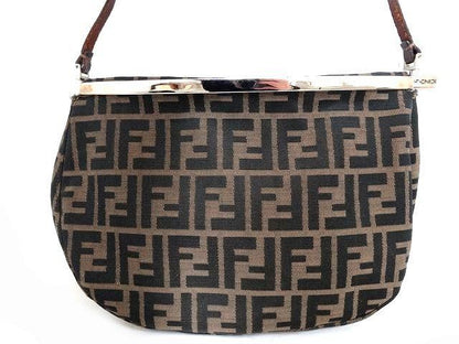 Fendi Shoulder Bag Zucca Pattern Brown Leather Canvas Clasp One Touch Silver