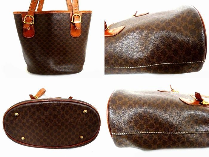 Celine Vintage Brown Leather Macadam Pattern Gold Shoulder Bag — view 2