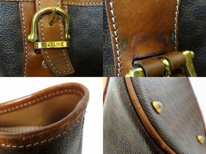 Celine Vintage Brown Leather Macadam Pattern Gold Shoulder Bag — view 5