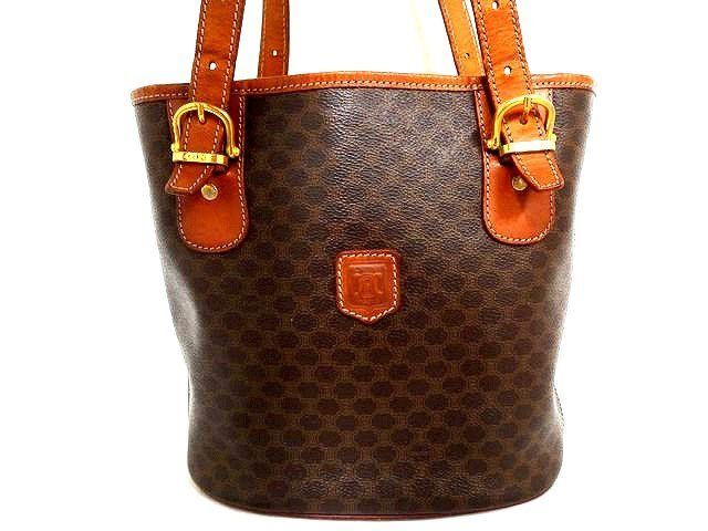 Celine Vintage Brown Leather Macadam Pattern Gold Shoulder Bag