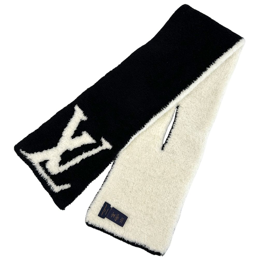 Louis Vuitton Scarf Shawl Wool Nylon Urethane Comfit Black White Winter Fluffy