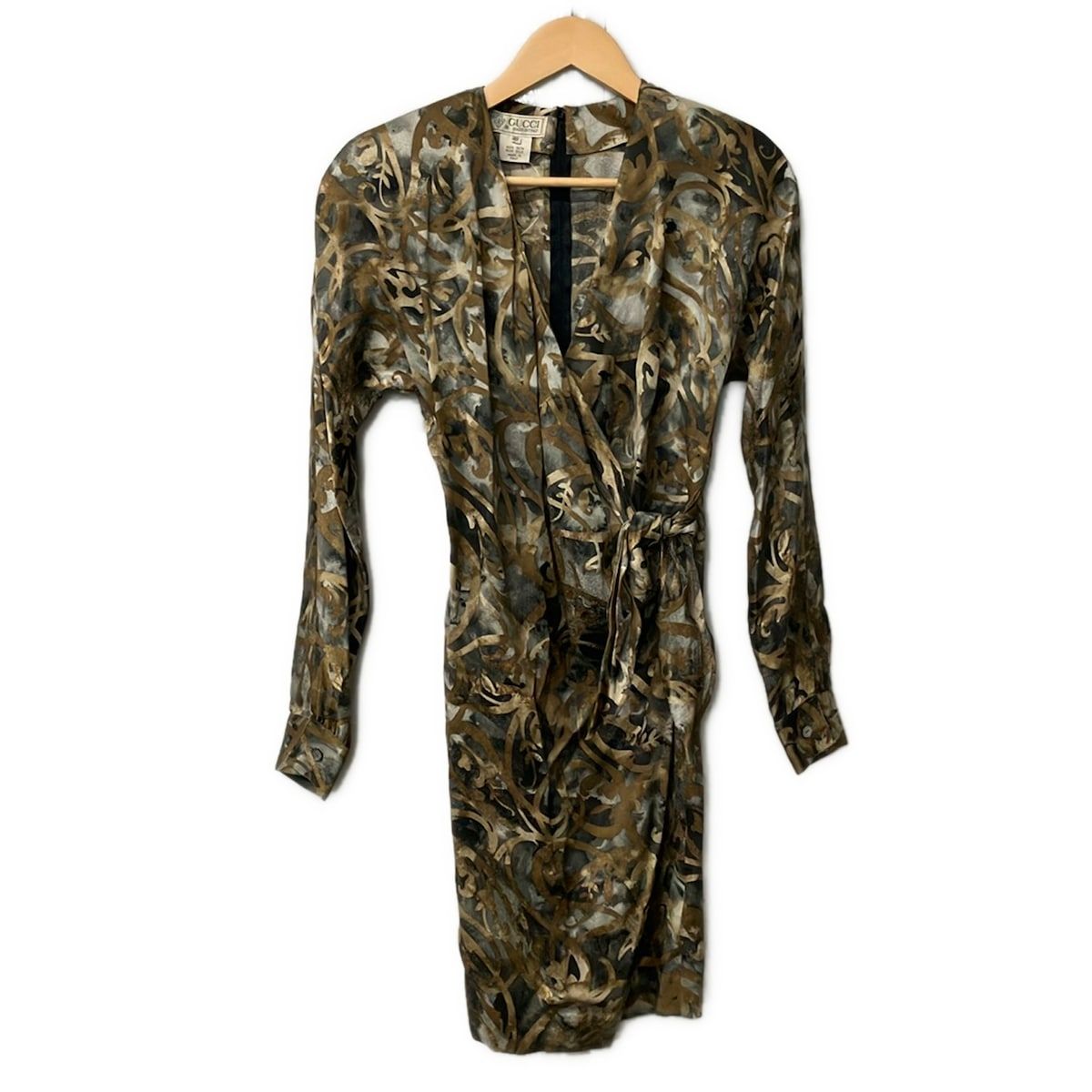 Gucci Dress 38 S Dark Gray Beige Multi Long Sleeve Knee Length Silk Cache