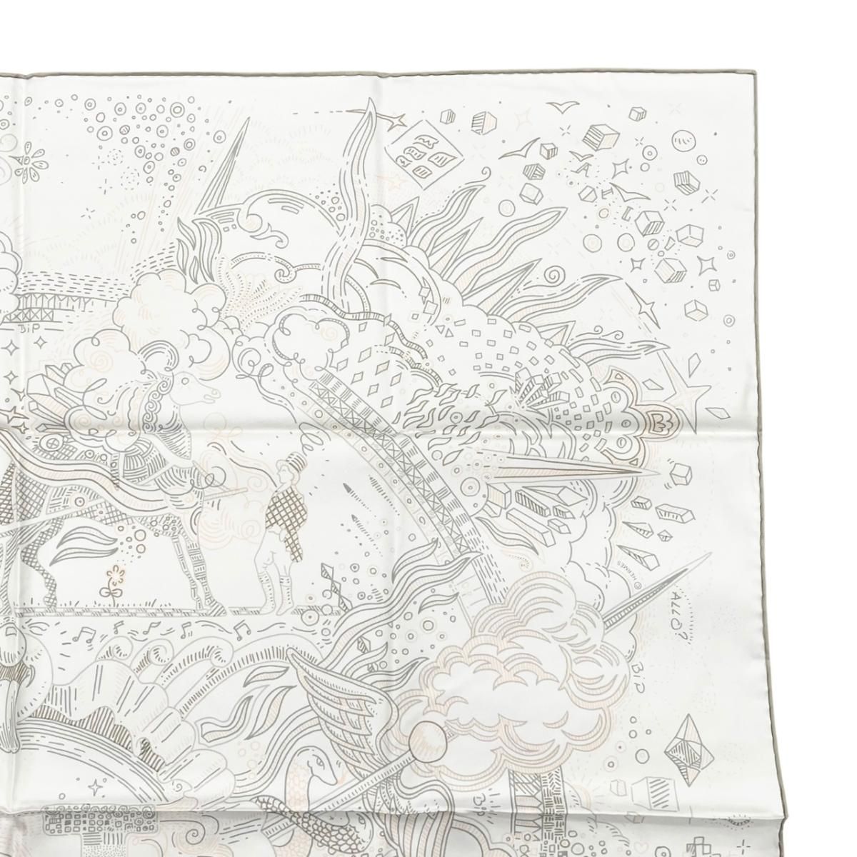 Hermes Silk Scarf Carre 90 Please Hold the Line 11 White Rose Nacre Vert Gray — view 4
