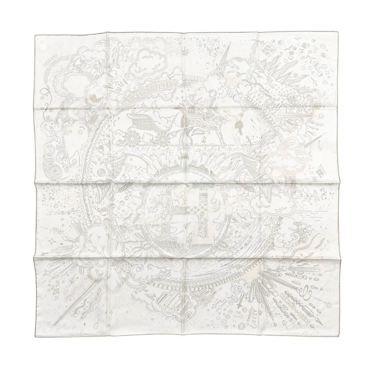 Hermes Silk Scarf Carre 90 Please Hold the Line 11 White Rose Nacre Vert Gray