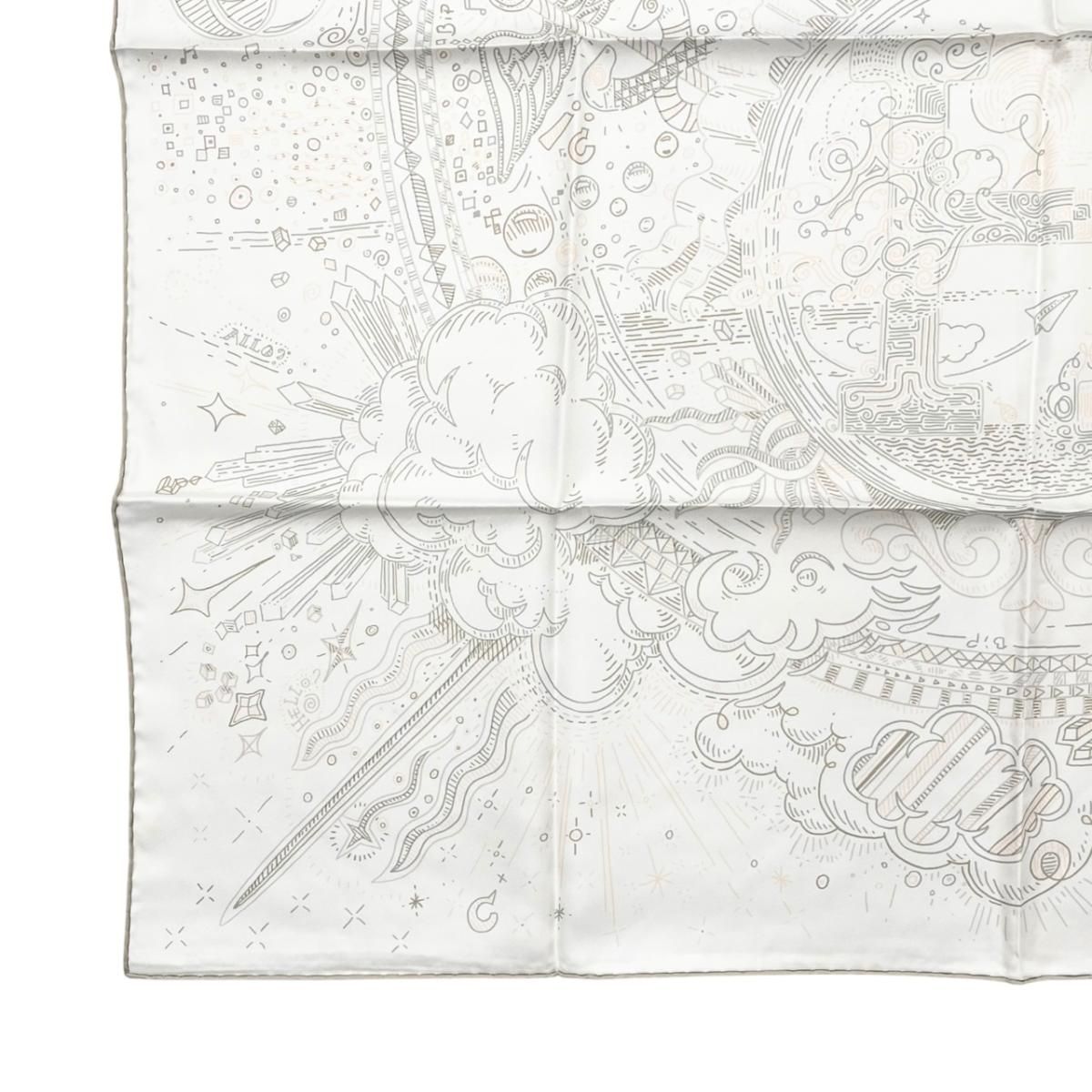 Hermes Silk Scarf Carre 90 Please Hold the Line 11 White Rose Nacre Vert Gray — view 5