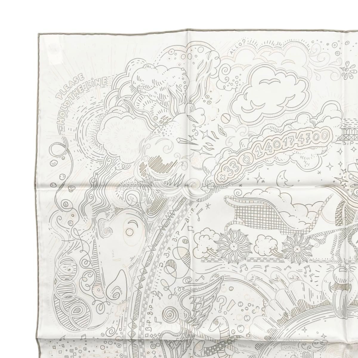 Hermes Silk Scarf Carre 90 Please Hold the Line 11 White Rose Nacre Vert Gray — view 3