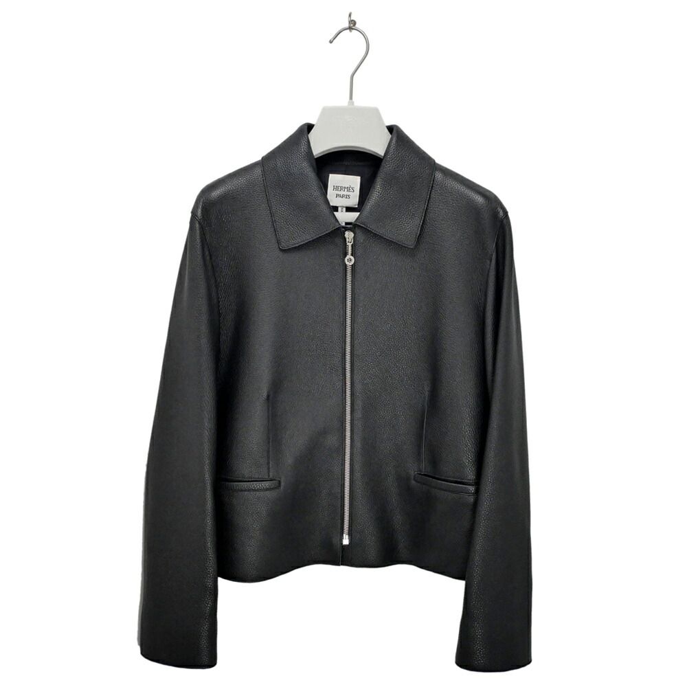 Hermes Jacket Leather Black 40 Rayon Silk