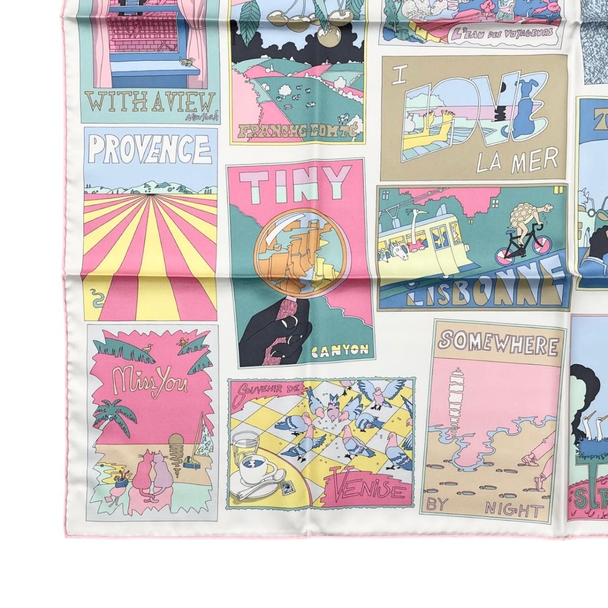 Hermes Silk Scarf Carre 90 Favorite Place 05 Pink Green Jaune Souffle on Est — view 5