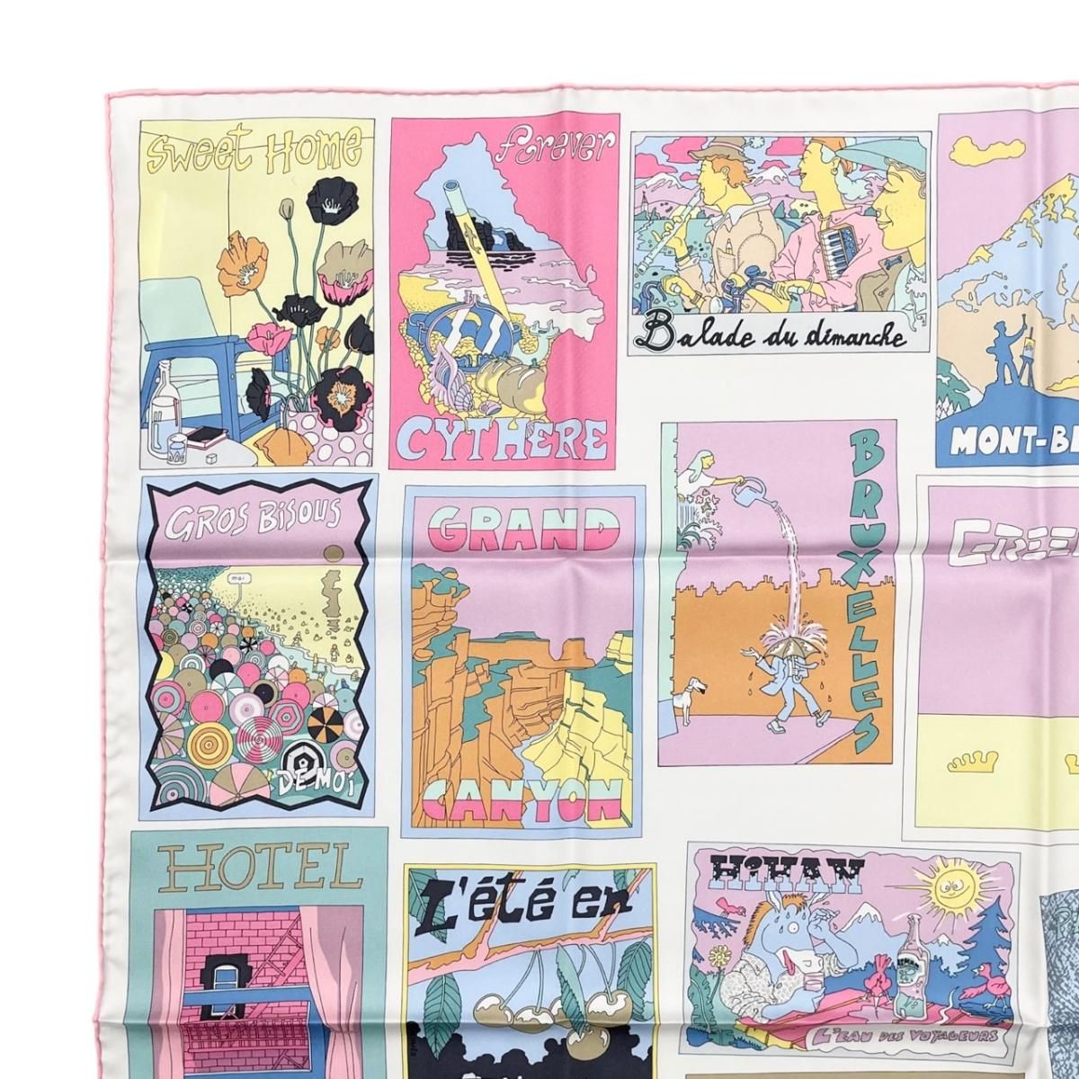 Hermes Silk Scarf Carre 90 Favorite Place 05 Pink Green Jaune Souffle on Est — view 3
