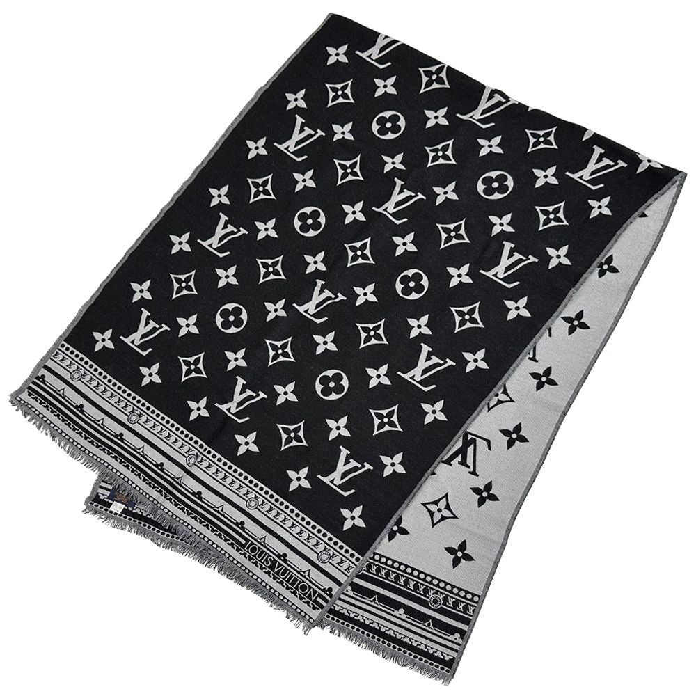 Louis Vuitton Scarf Shawl Monogram Wool Silk Etole Amazing Gram Black Gray Large