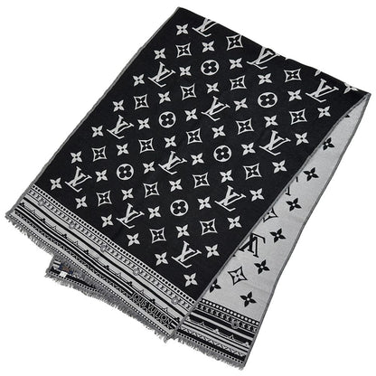 Louis Vuitton Scarf Shawl Monogram Wool Silk Etole Amazing Gram Black Gray Large