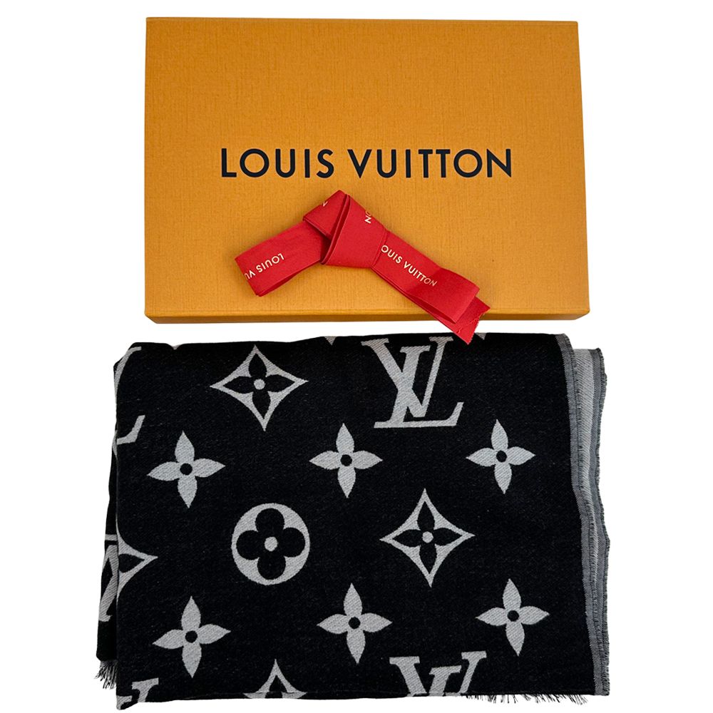 Louis Vuitton Scarf Shawl Monogram Wool Silk Etole Amazing Gram Black Gray Large — view 3