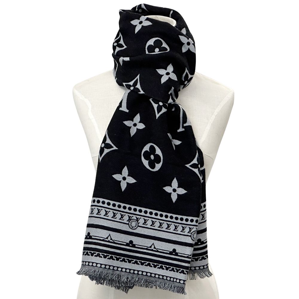 Louis Vuitton Scarf Shawl Monogram Wool Silk Etole Amazing Gram Black Gray Large — view 2