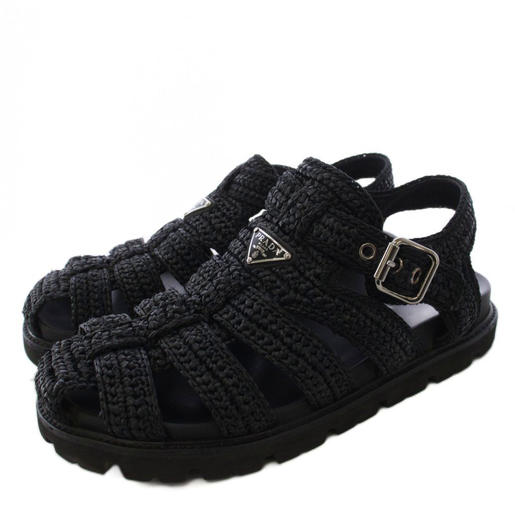 Prada Triangle Logo Raffia Monolith Crochet Cage Sandals 7.5 Black
