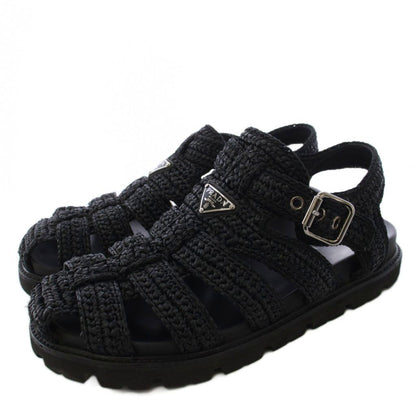 Prada Triangle Logo Raffia Monolith Crochet Cage Sandals 7.5 Black