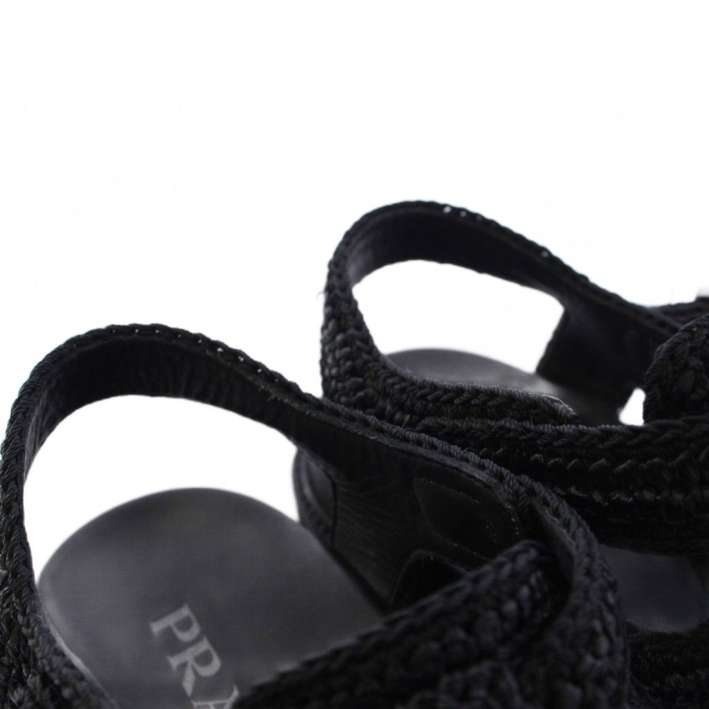 Prada Triangle Logo Raffia Monolith Crochet Cage Sandals 7.5 Black — view 5