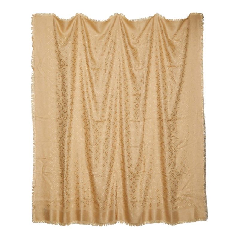 Louis Vuitton Monogram Large Shawl Beige Silk Wool Scarf