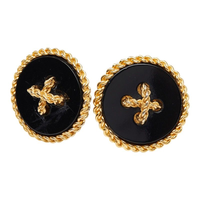 Chanel Vintage Chain Earrings Gold Black Plated