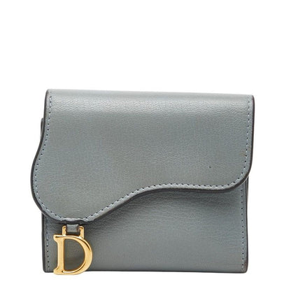 Dior Saddle Lotus Wallet Bifold Blue Gray Leather