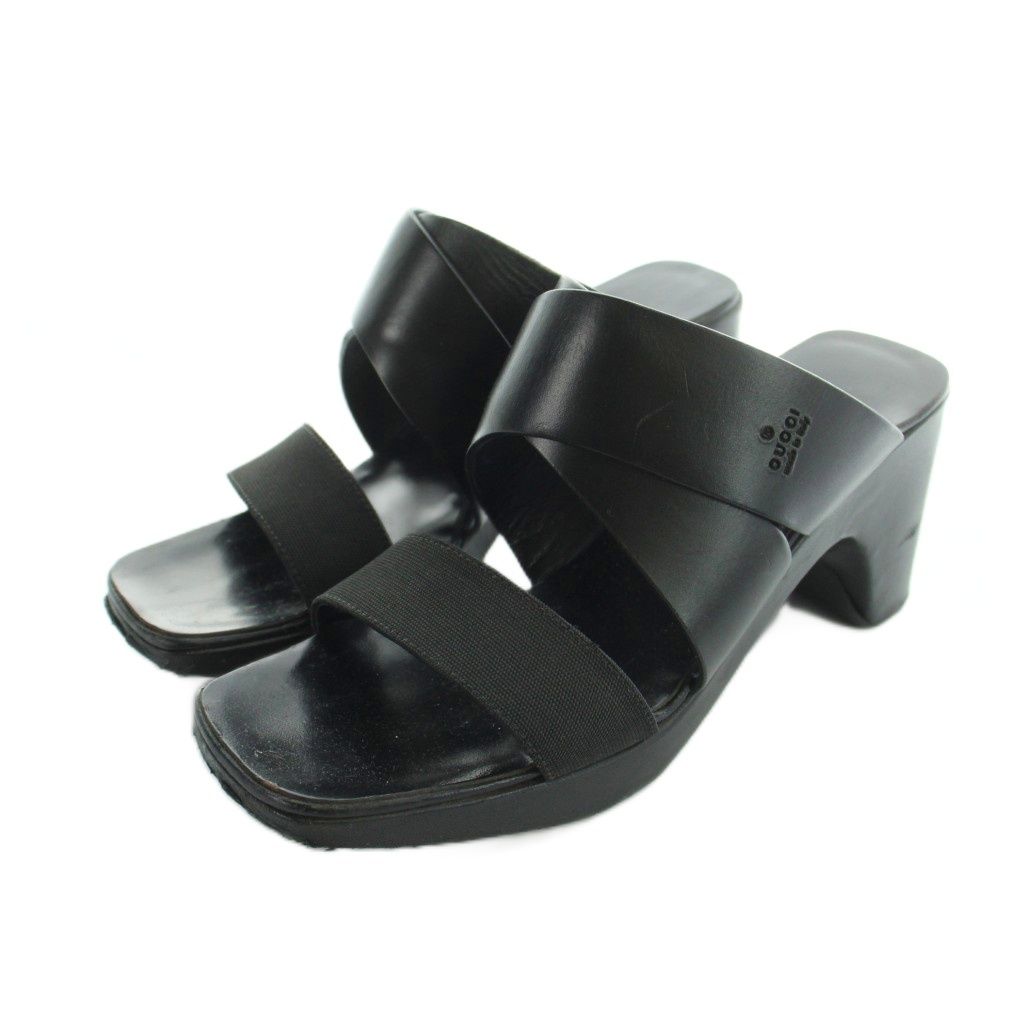 Gucci Sandals Square Toe Leather Logo Chunky Heels 36.5 Black