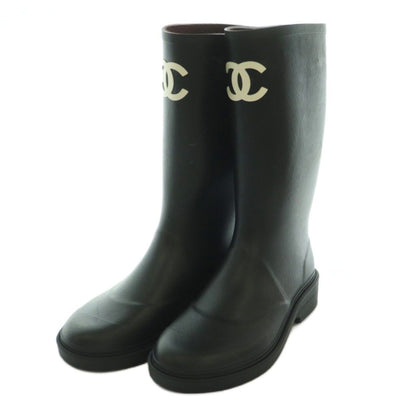 Chanel Lava Rain Boots Middle Length Shoes CC Logo Bicolor 38 Black White BB