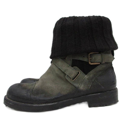 Dolce & Gabbana Suede Boots Knit Contrast Coating Leather 6 Green Black — view 2