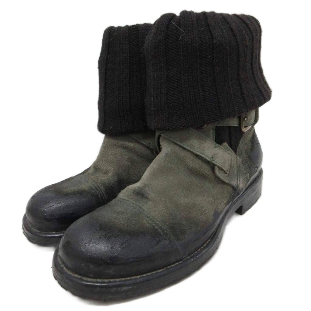 Dolce & Gabbana Suede Boots Knit Contrast Coating Leather 6 Green Black