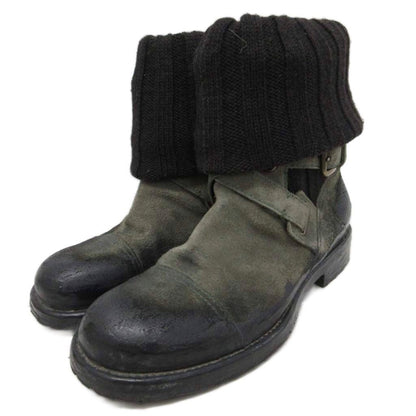Dolce & Gabbana Suede Boots Knit Contrast Coating Leather 6 Green Black