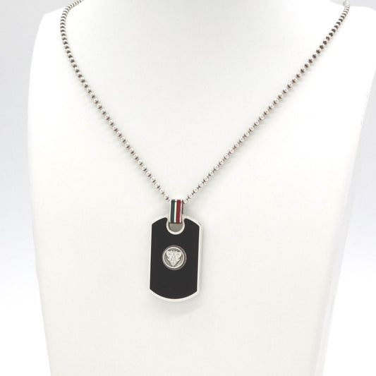 Gucci Cles Dog Tag Enamel Necklace 60 cm Black Color Web Sterling Silver