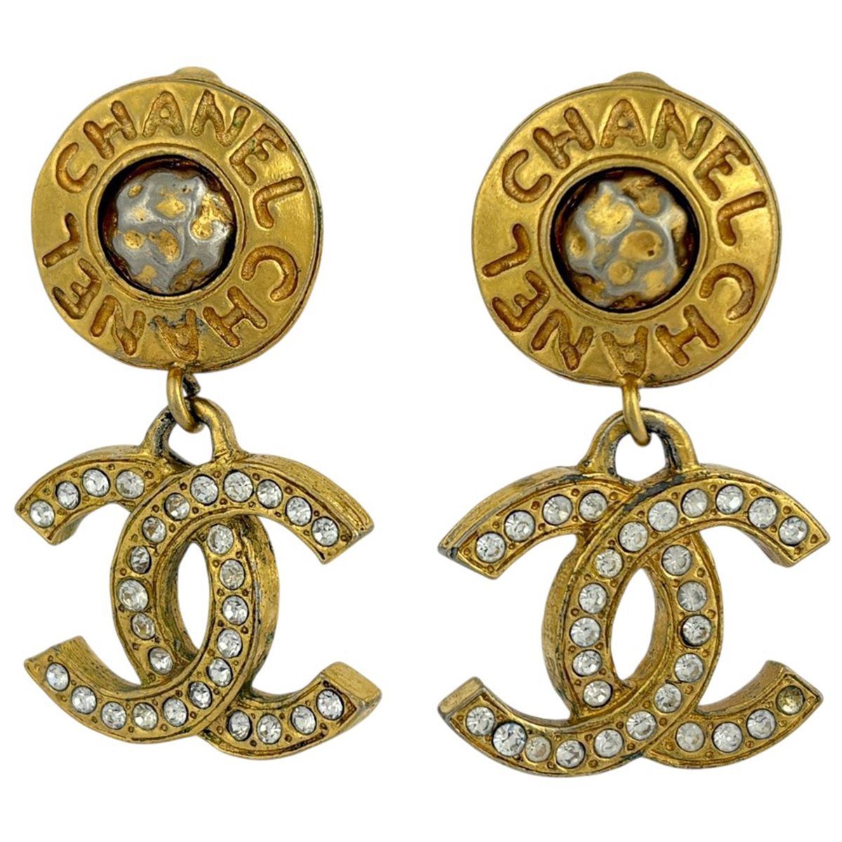 Chanel CC Logo Line Stone Earrings Swing Gold Plated