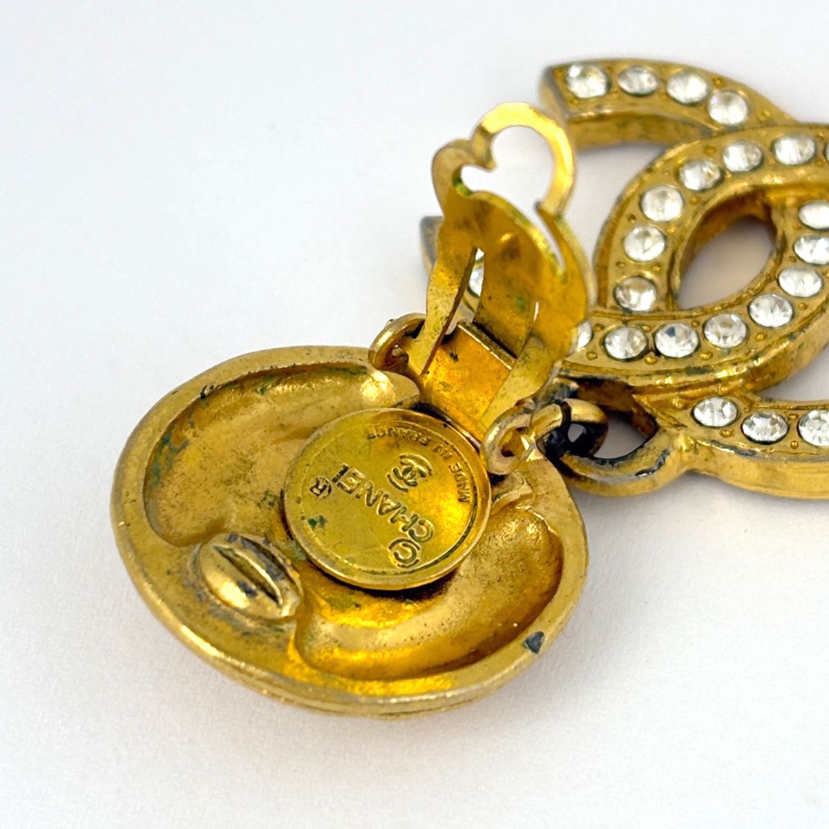 Chanel CC Logo Line Stone Earrings Swing Gold Plated — view 3