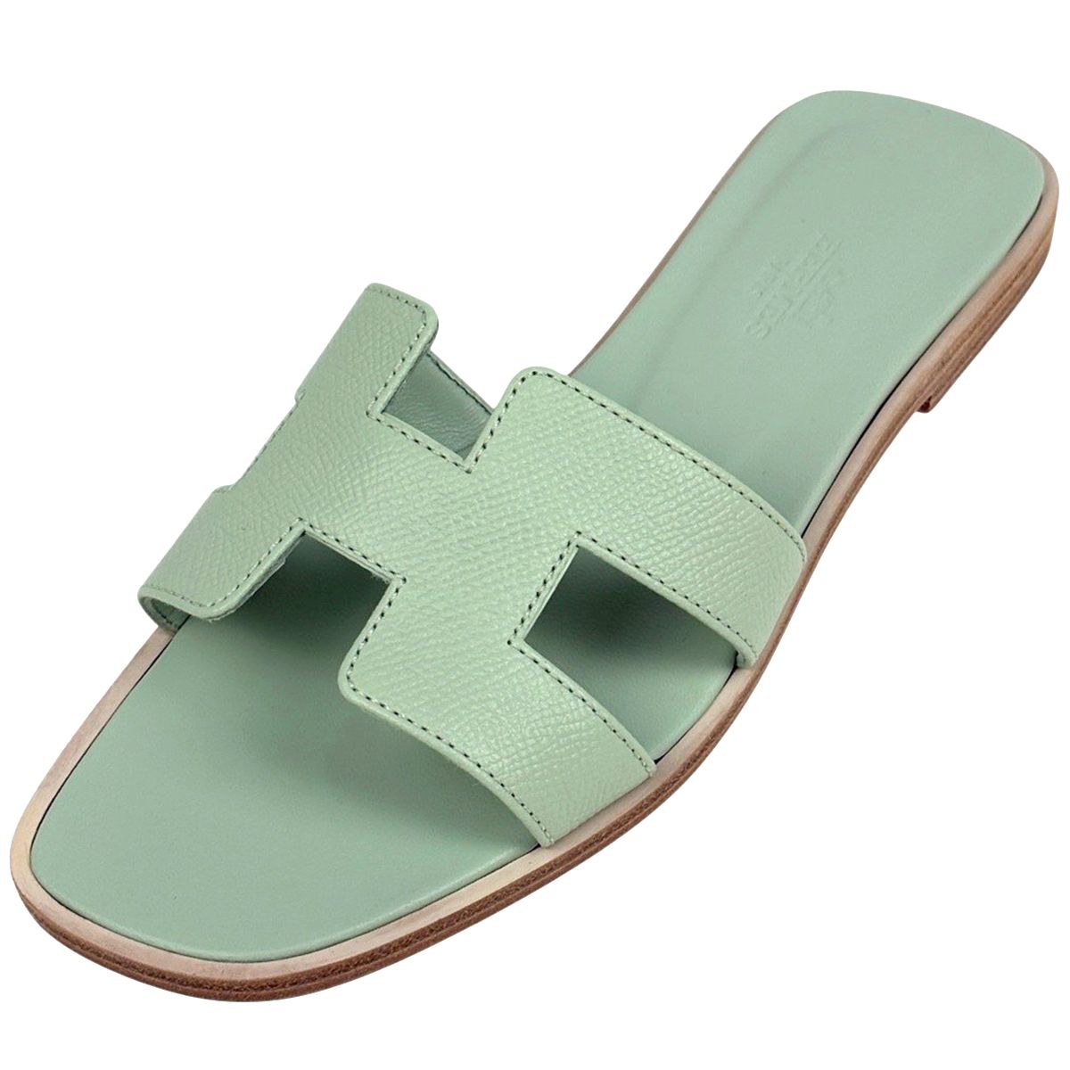 Hermes Oran Flat Sandals Shoes Leather Light Green