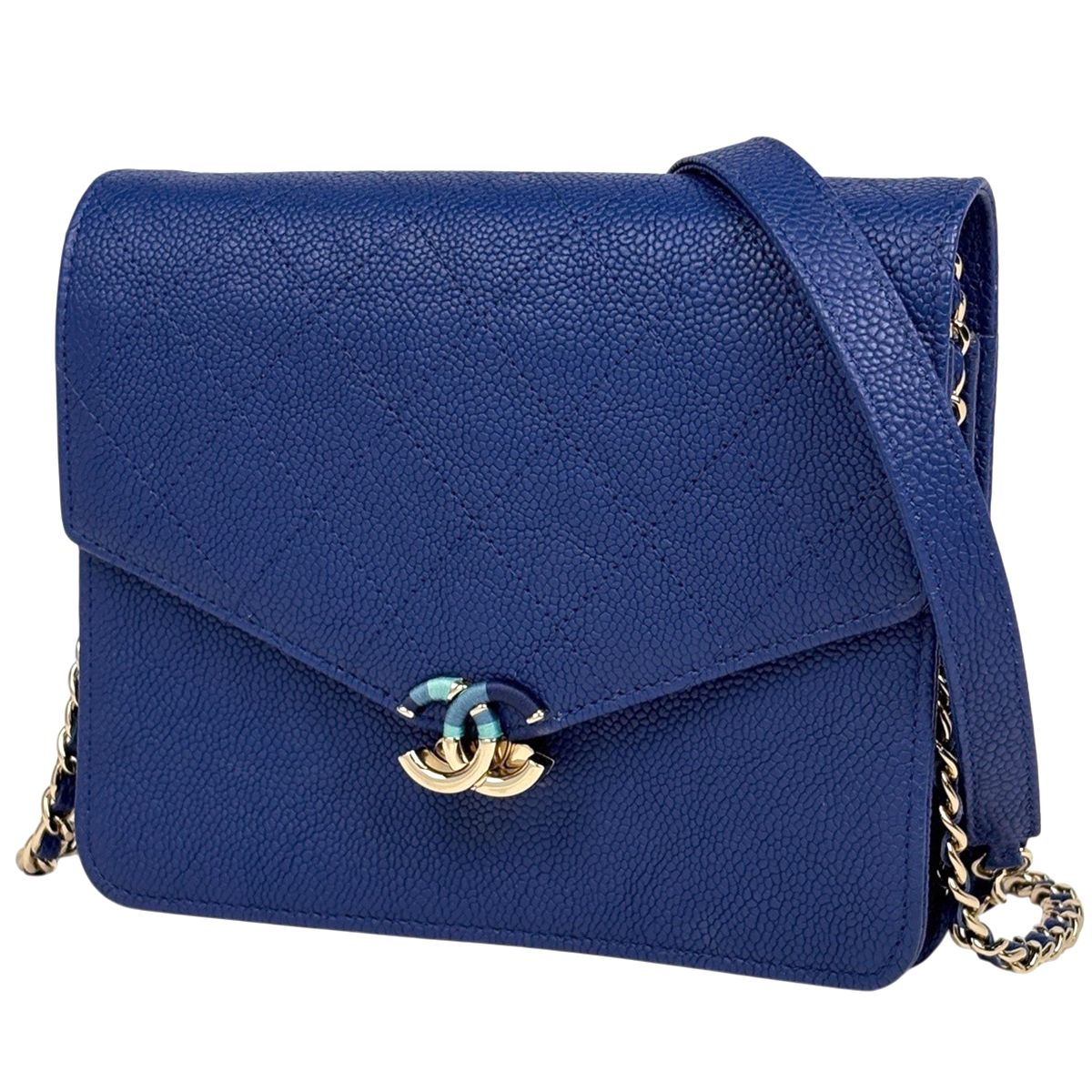 Chanel Half Coco Chain Shoulder Bag Wallet Caviar Leather Blue