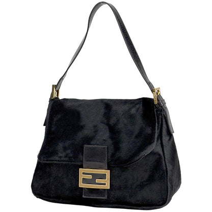 Fendi Zucca Logo Shoulder Bag Mamma Baguette Calf Hair Black