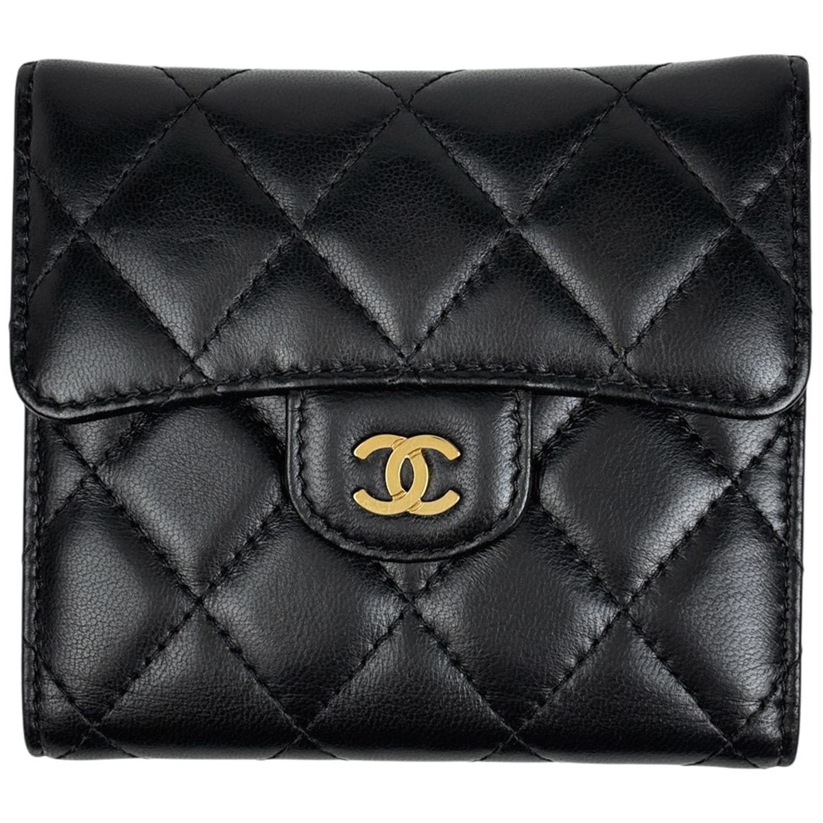 Chanel CC Logo Trifold Wallet Quilted Leather Black