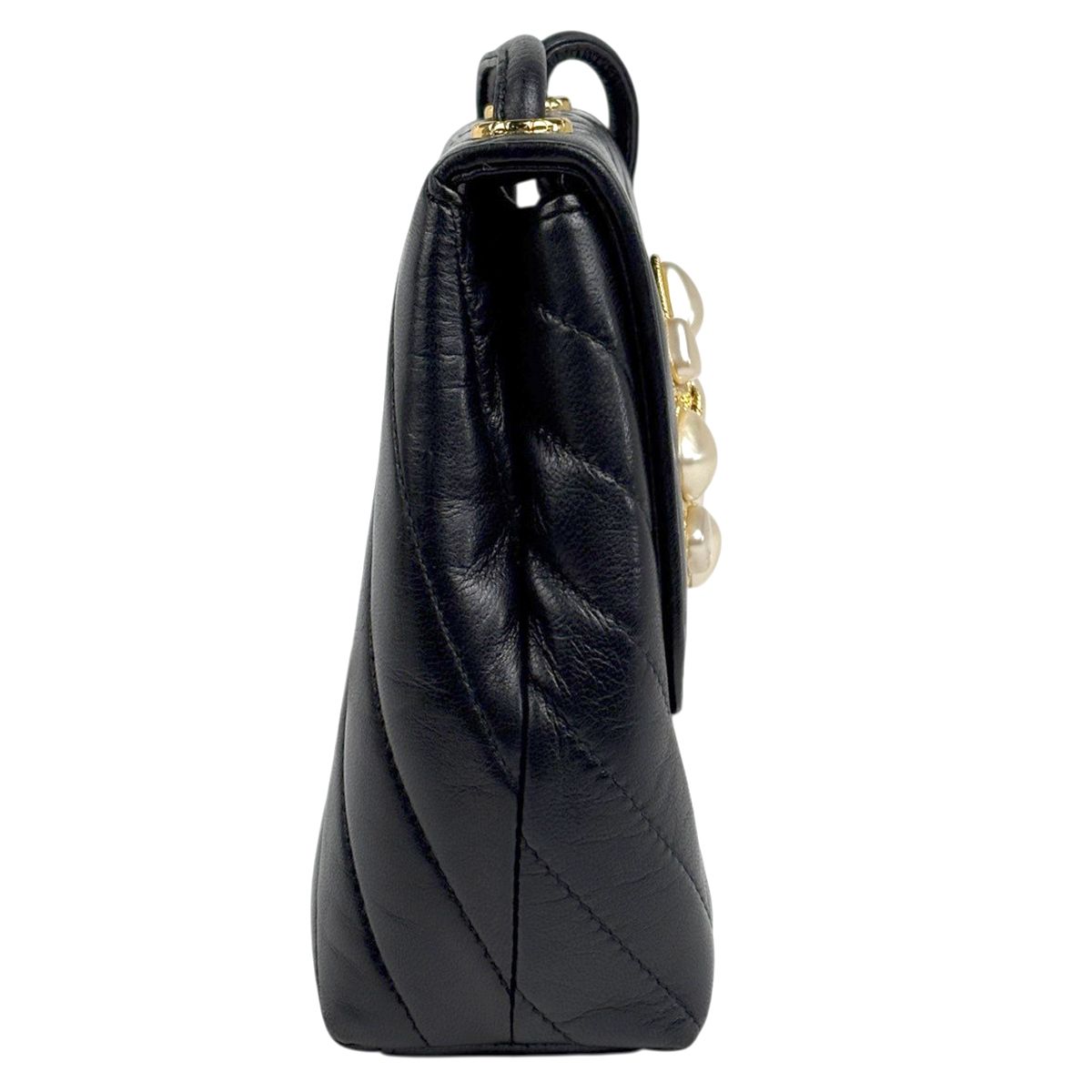 Chanel Stitch Faux Pearl Shoulder Bag CC Logo Blanc Leather Black — view 4