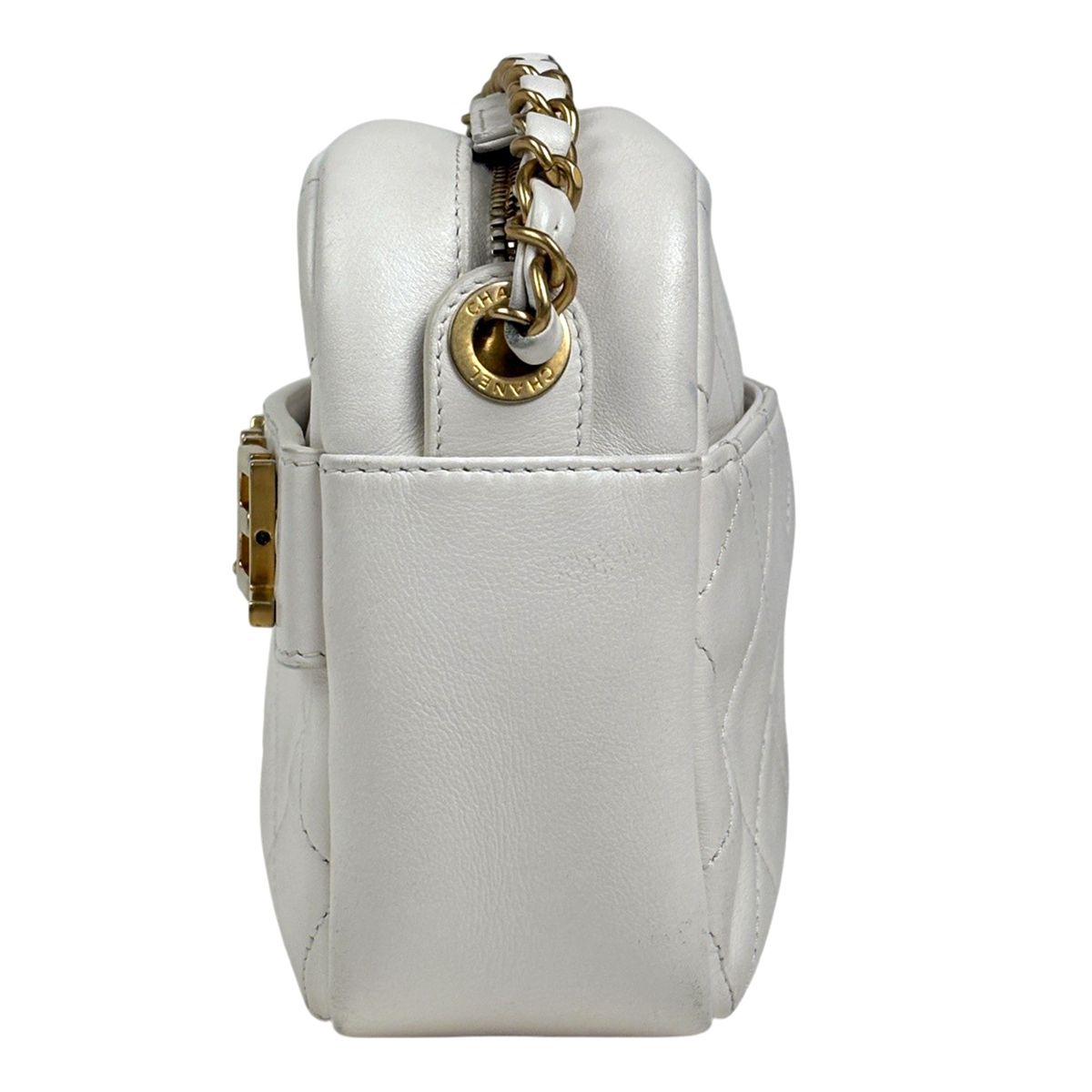 Chanel Logo Chain Shoulder Bag Quilted Leather White — view 2