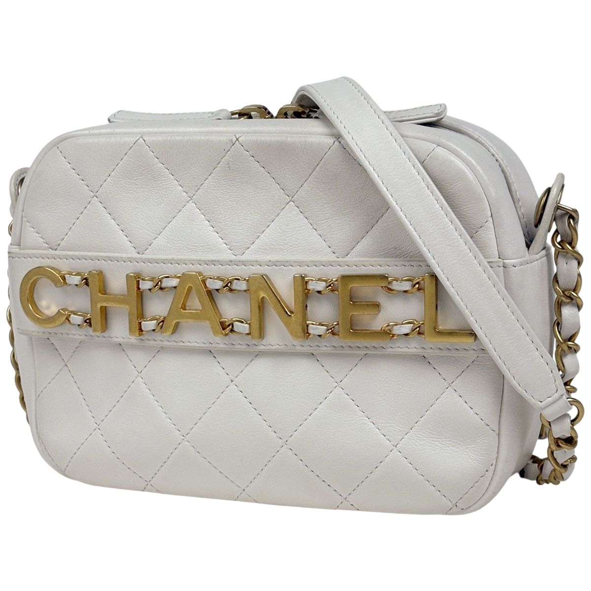 Chanel Logo Chain Shoulder Bag Quilted Leather White
