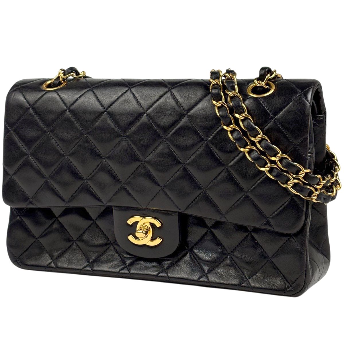 Chanel Quilted Double Flap Chain Shoulder Bag CC Logo Leather Black