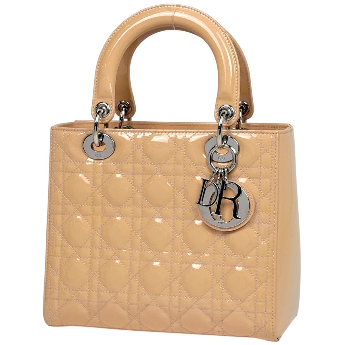 Dior Cannage Handbag Patent Leather Beige