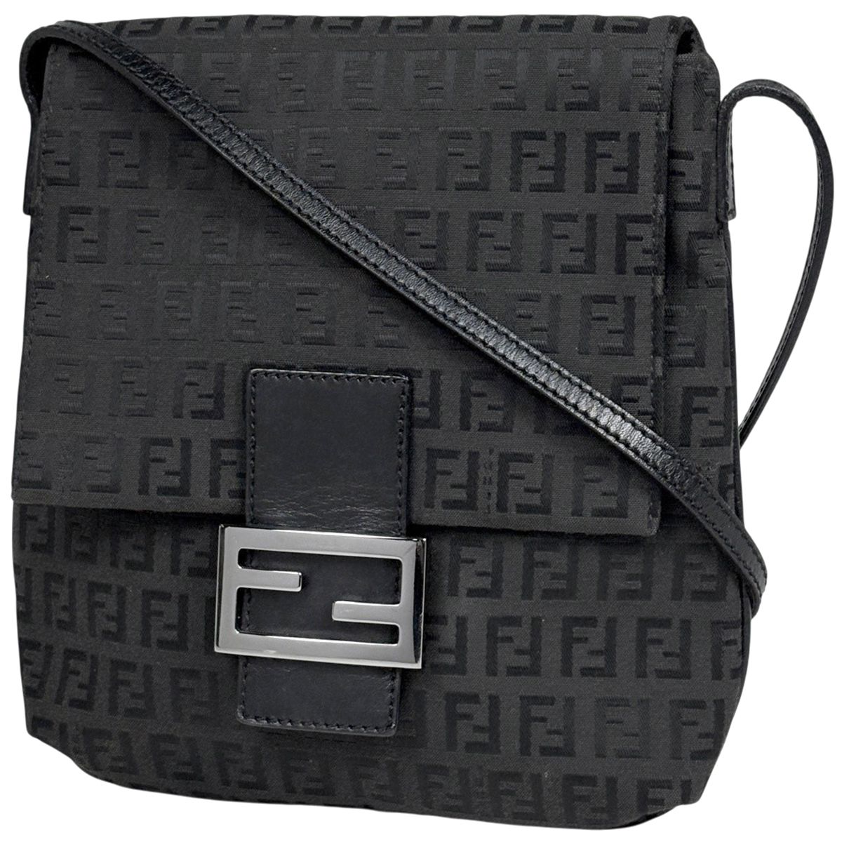 Fendi Zucchino Pattern Shoulder Bag Canvas Black