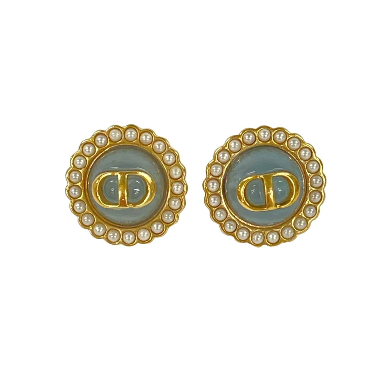 Dior Earrings Gold Light Blue Ivory CD Motif