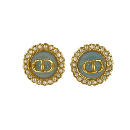 Dior Earrings Gold Light Blue Ivory CD Motif