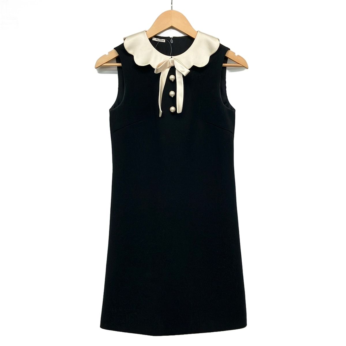 Miu Miu Dress 36 S Black Ivory Sleeveless Knee Length Ribbon Pearl