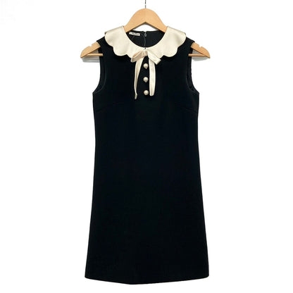 Miu Miu Dress 36 S Black Ivory Sleeveless Knee Length Ribbon Pearl