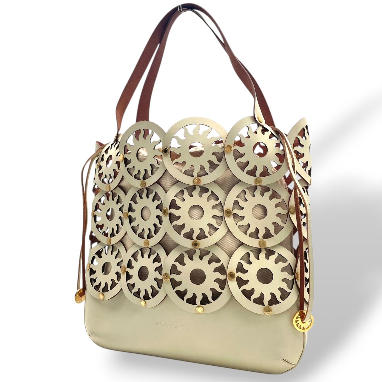 Bvlgari Tote Purse Leather Canvas Tondo Sun Cutout Watermark Ivory Off White