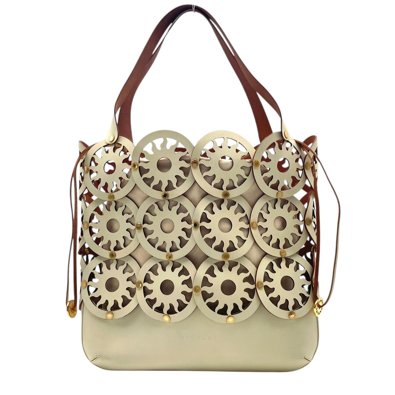 Bvlgari Tote Purse Leather Canvas Tondo Sun Cutout Watermark Ivory Off White — view 2