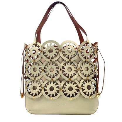 Bvlgari Tote Purse Leather Canvas Tondo Sun Cutout Watermark Ivory Off White — view 2