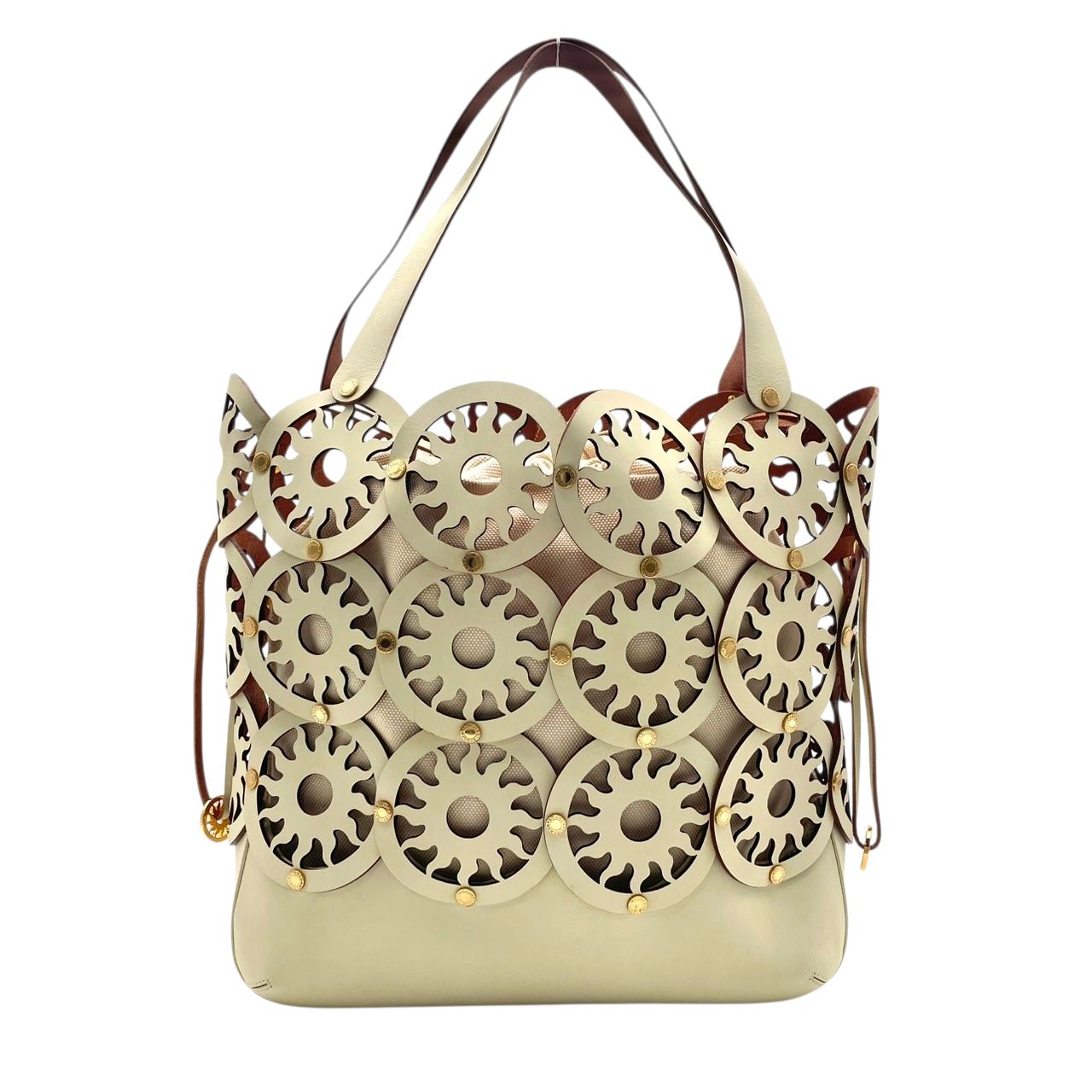 Bvlgari Tote Purse Leather Canvas Tondo Sun Cutout Watermark Ivory Off White — view 3