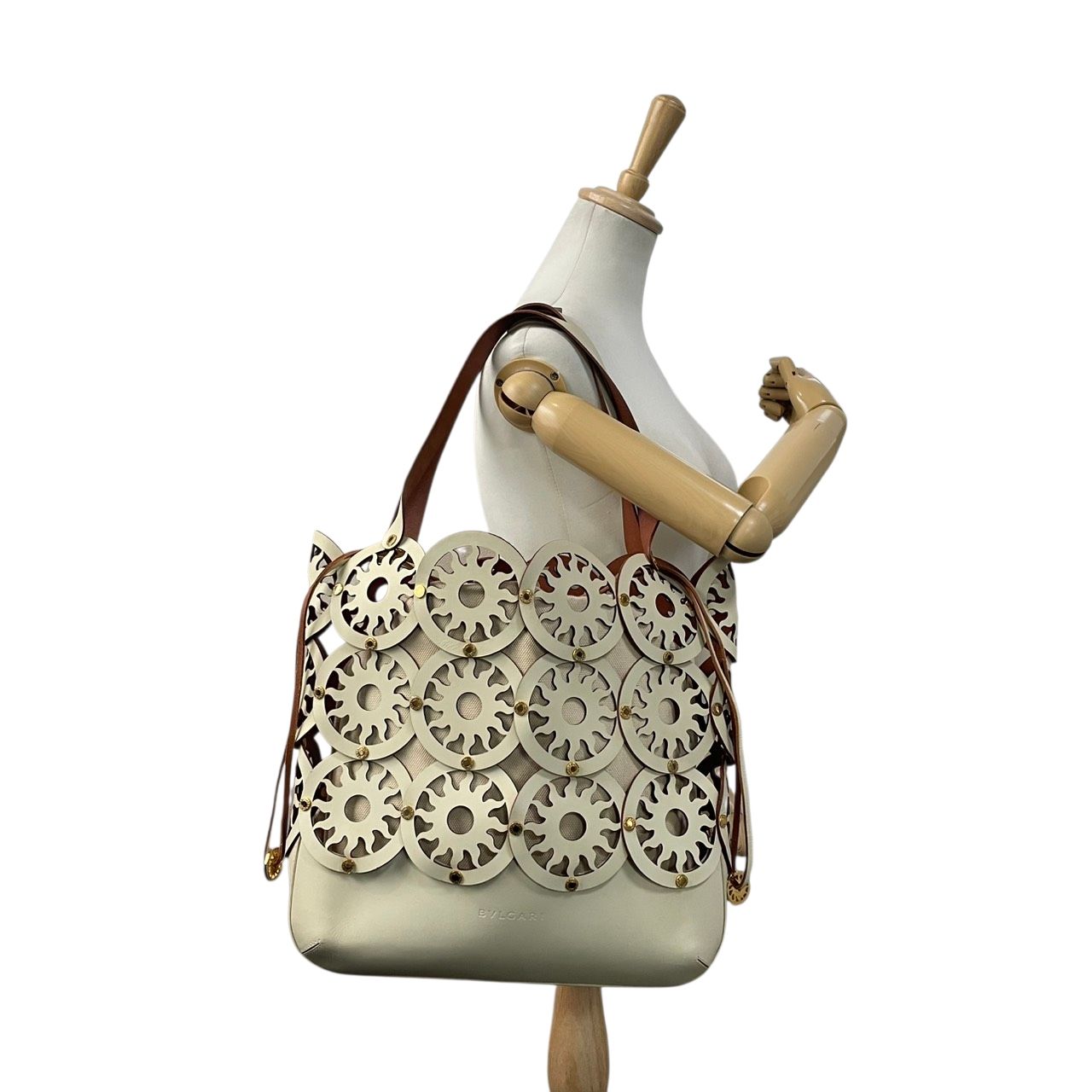 Bvlgari Tote Purse Leather Canvas Tondo Sun Cutout Watermark Ivory Off White — view 4